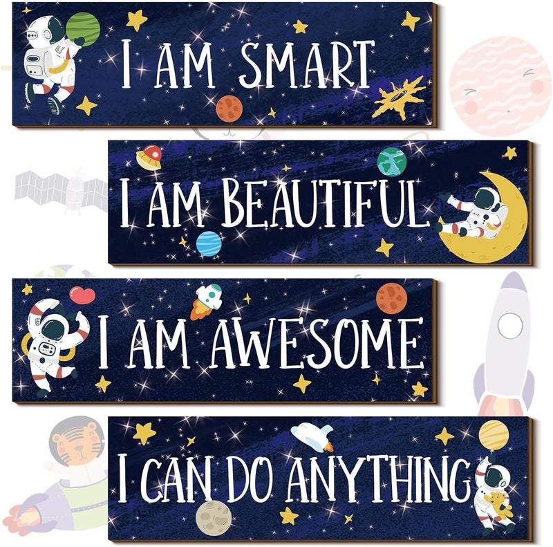 Yookeer 4 Pcs Space Room Decor for Kids Boys Outer Space Wall Art Bedroom Decor for Nursery Classroom Astronaut Galaxy Posters Spaceman Wood Sign Be Brave and Be Kind for Baby Boy(I) - Image 1